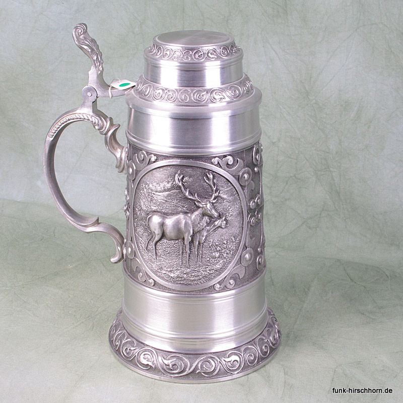 Bierkrug, Zinn mit Jagdmotiven, 1,3l Bierkrug, Zinn mit Jagdmotiven, 1,3l