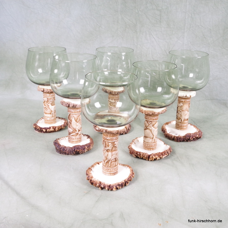 6er Set Weingläser mit handgeschnitztem Hirschhornstiel